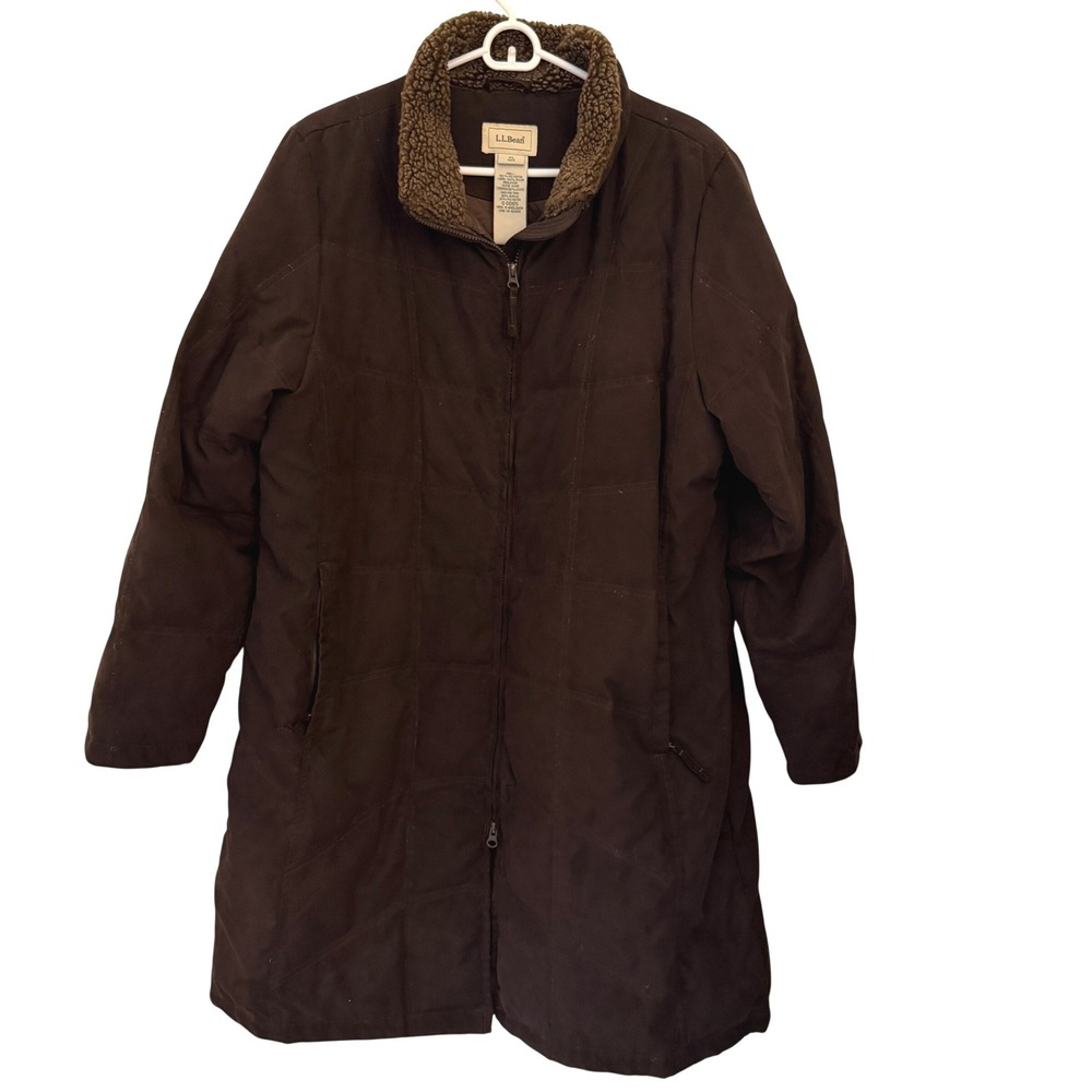 LL‎ Bean Goose Down Long Parka Womens XL Brown Excellent Sherpa Collar Jacket